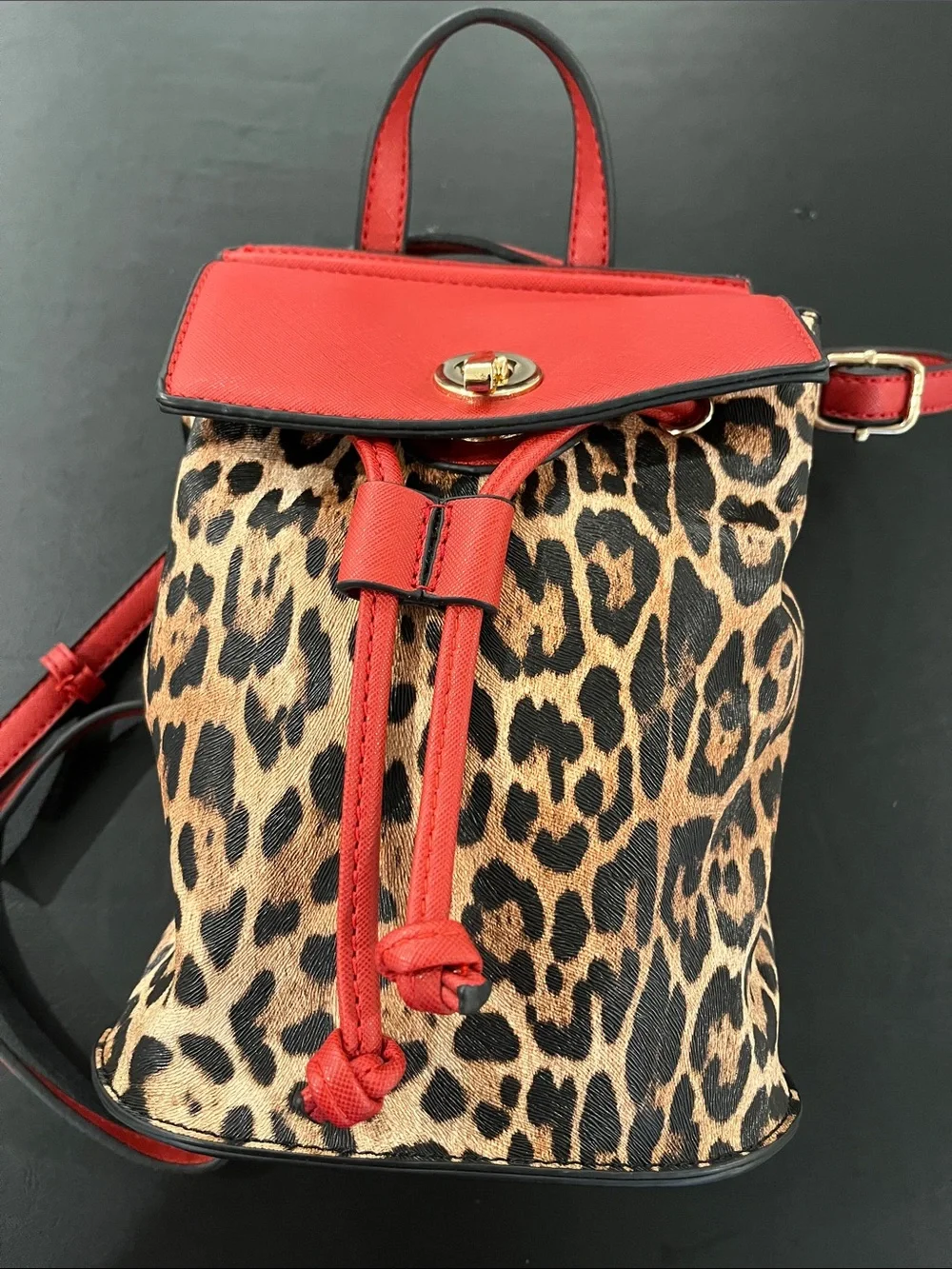Leopard Print Drawstring Backpack with Red Trim